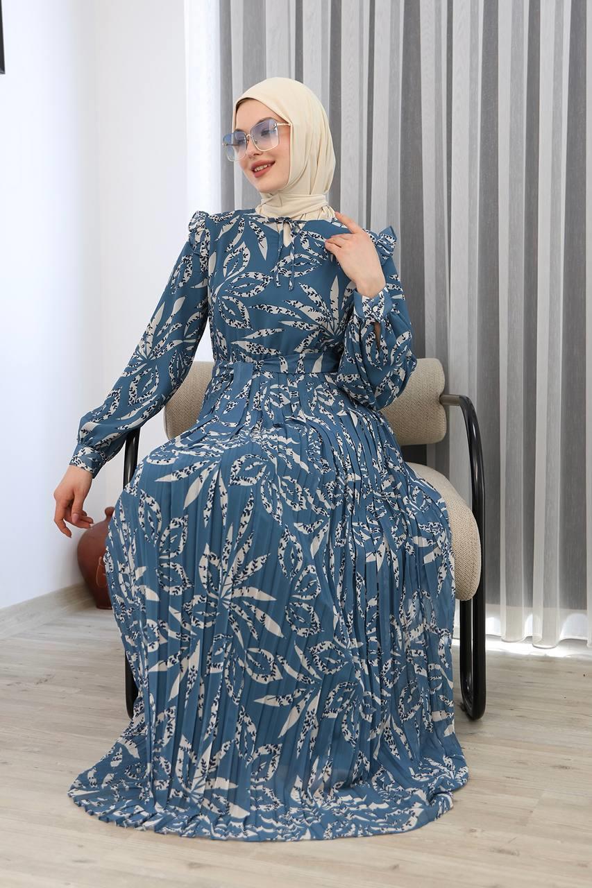 3060 Bilise Şifon Elbise - Mavi