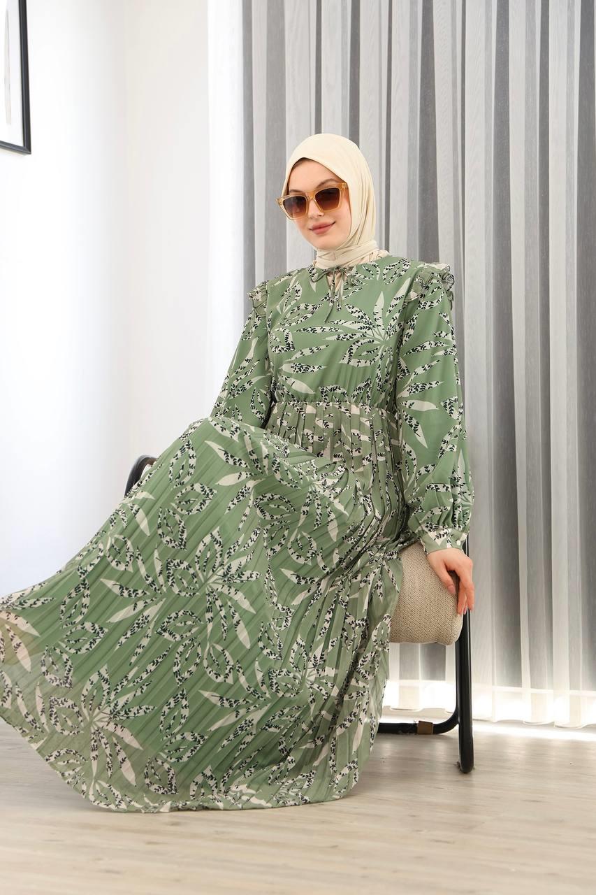 3060 Bilise Şifon Elbise - Yeşil