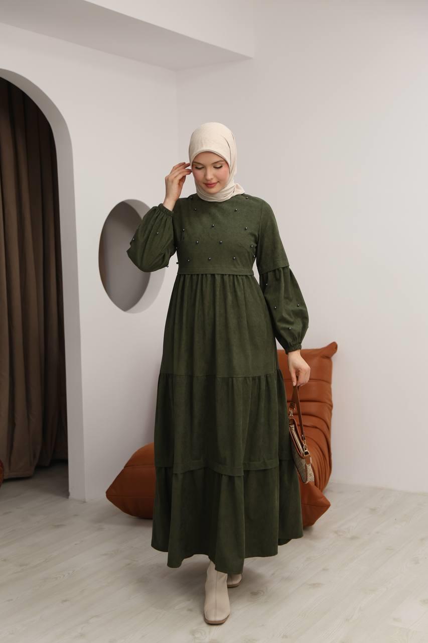 5040 Boncuk Detaylı Elbise - Haki