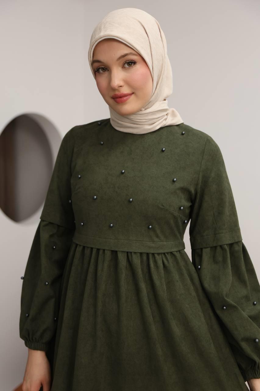 5040 Boncuk Detaylı Elbise - Haki