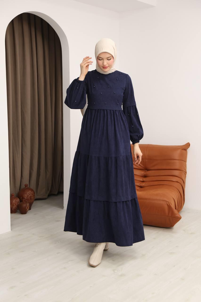 5040 Boncuk Detaylı Elbise - Lacivert