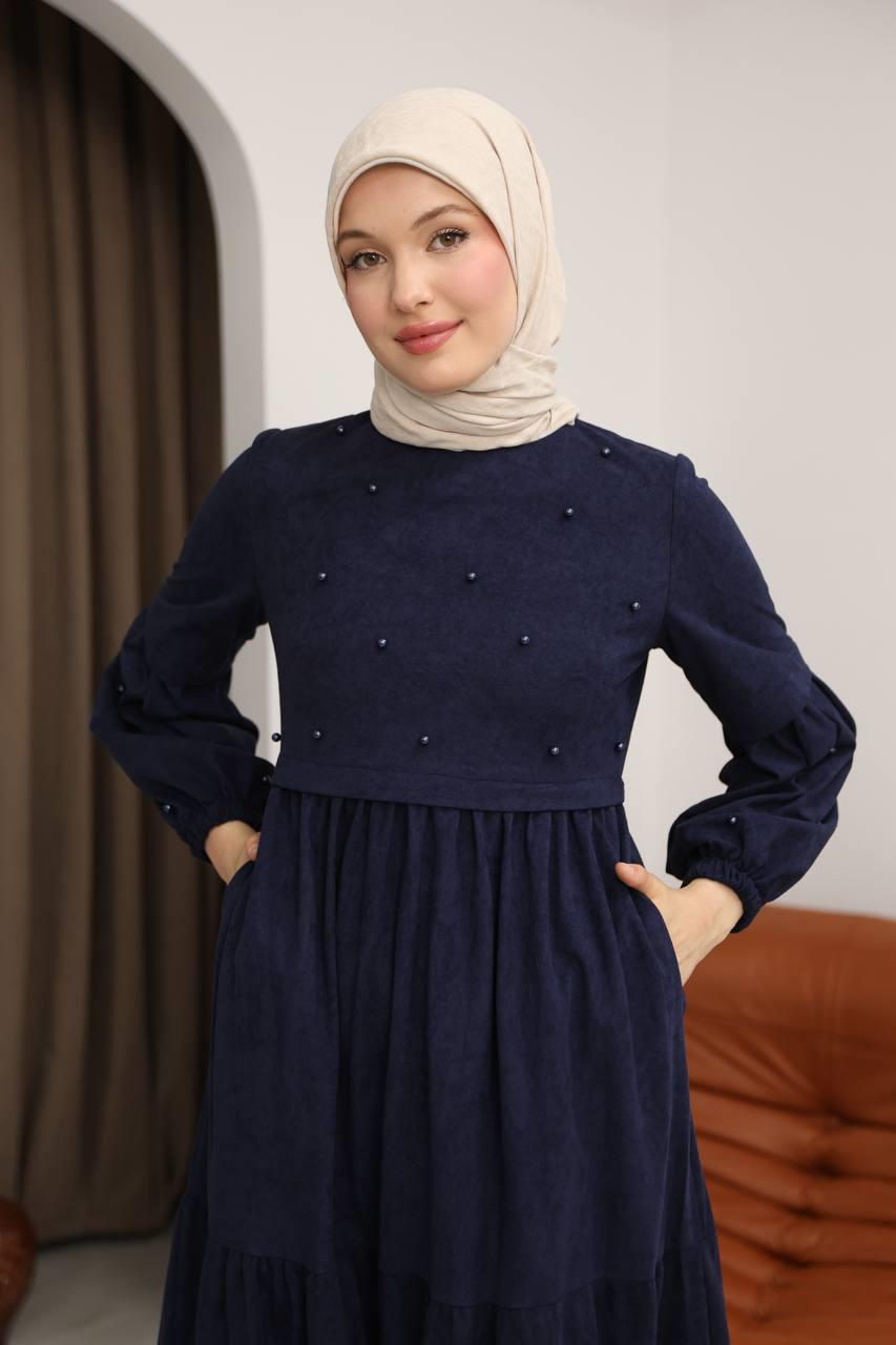 5040 Boncuk Detaylı Elbise - Lacivert