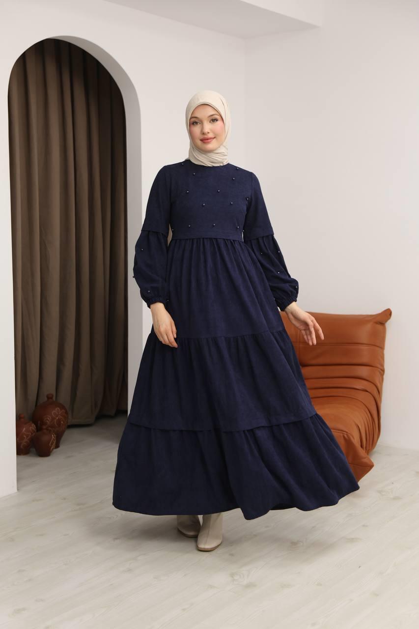 5040 Boncuk Detaylı Elbise - Lacivert