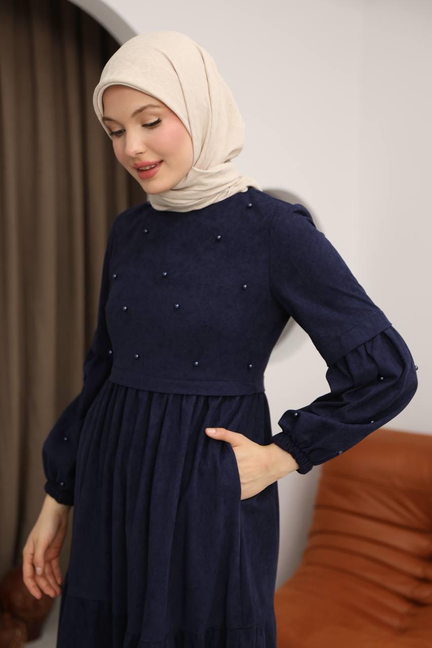 5040 Boncuk Detaylı Elbise - Lacivert