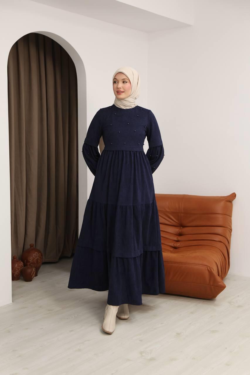 5040 Boncuk Detaylı Elbise - Lacivert