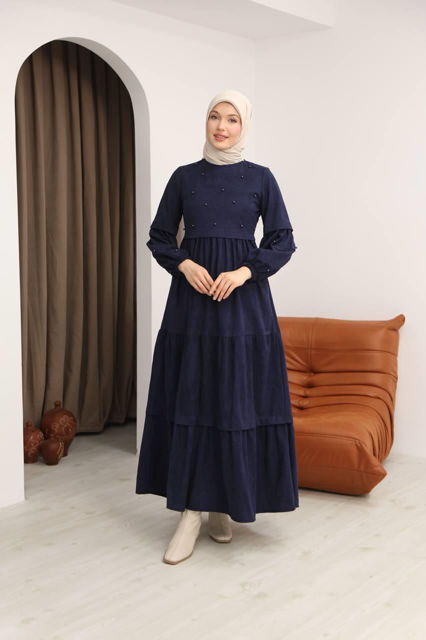 5040 Boncuk Detaylı Elbise - Lacivert