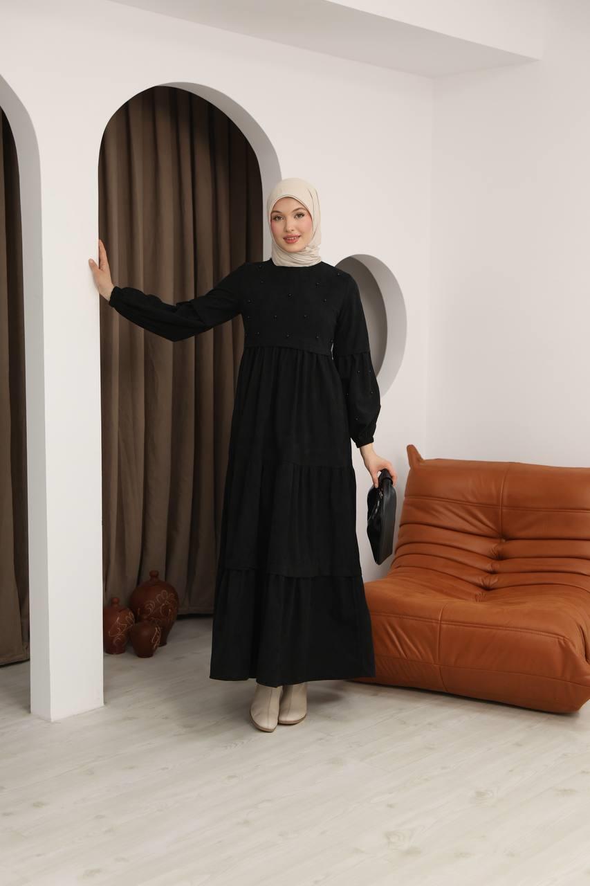 5040 Boncuk Detaylı Elbise - Siyah
