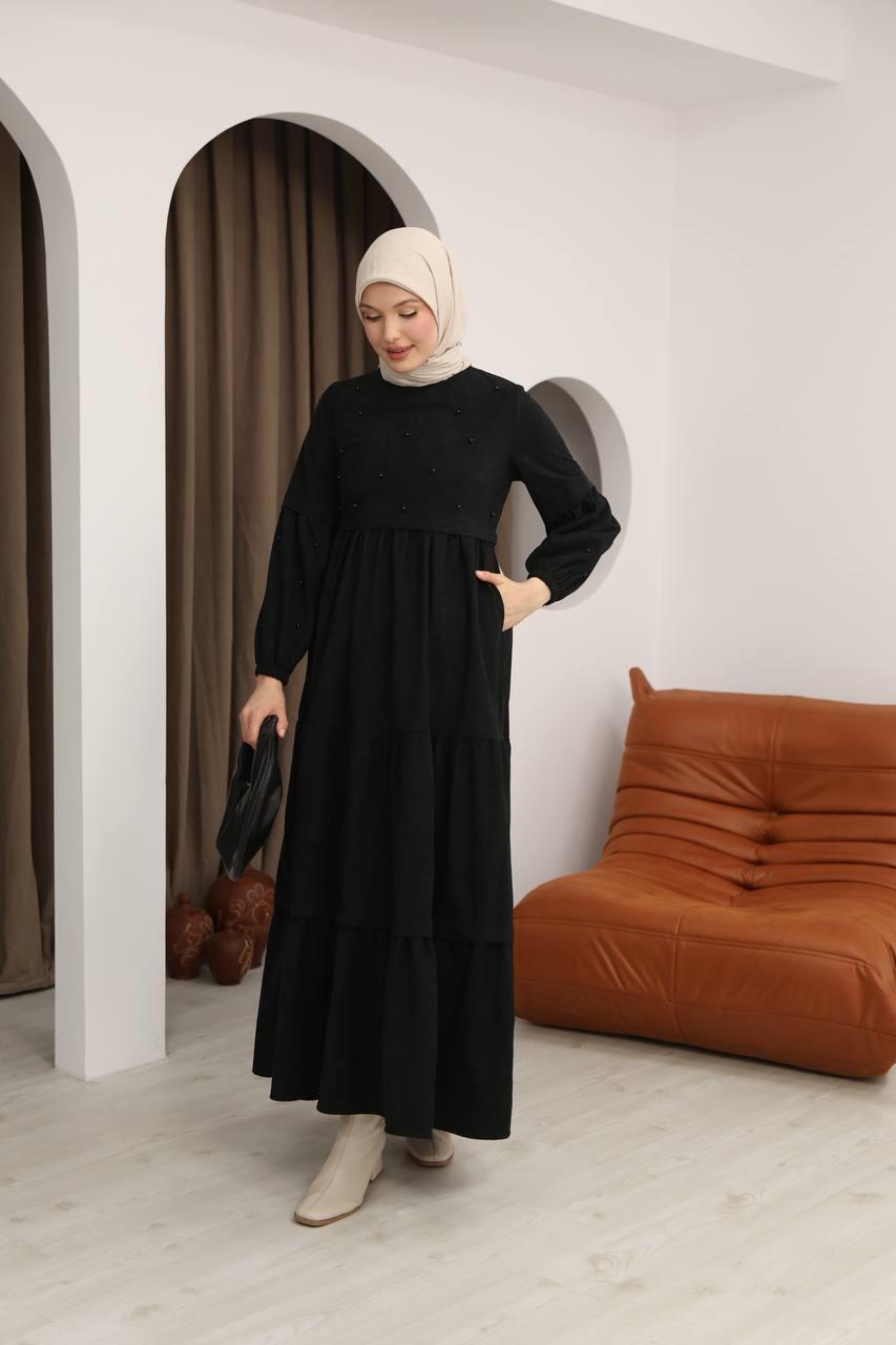 5040 Boncuk Detaylı Elbise - Siyah