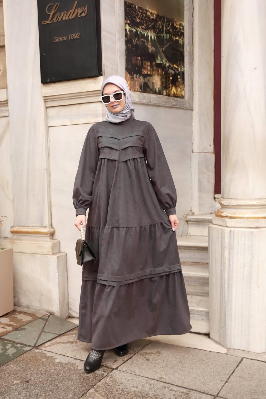 6002 kışlık Süet Elbise - Gri