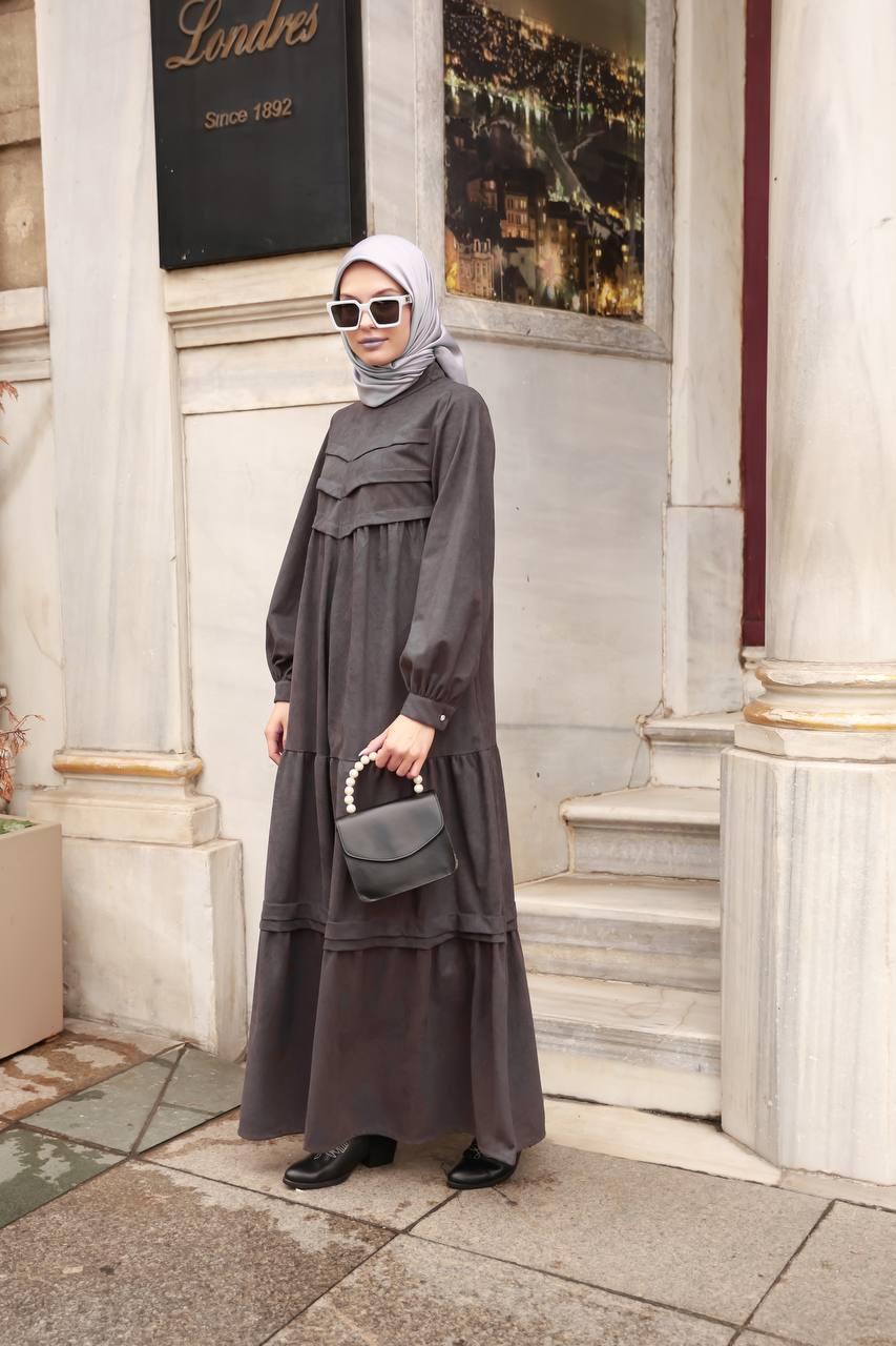 6002 kışlık Süet Elbise - Gri