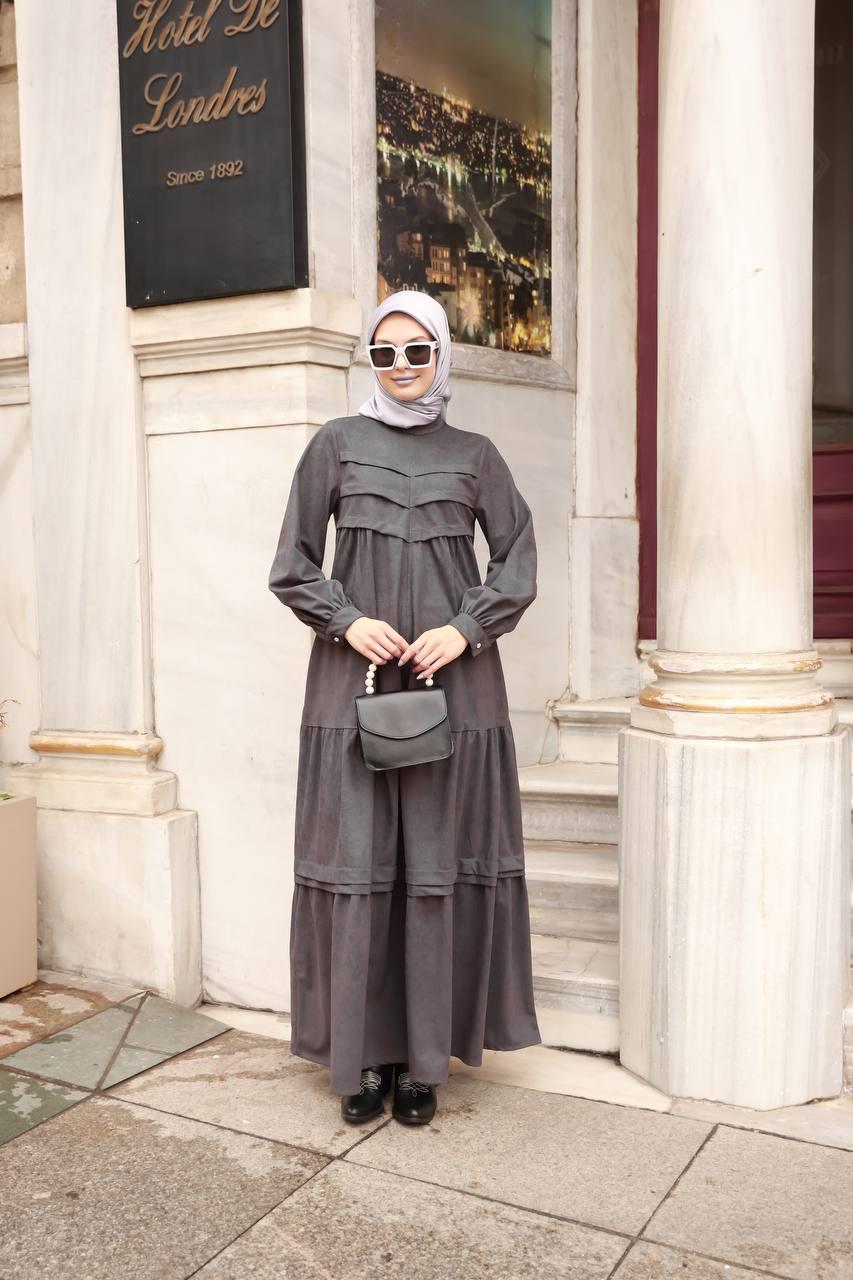 6002 kışlık Süet Elbise - Gri