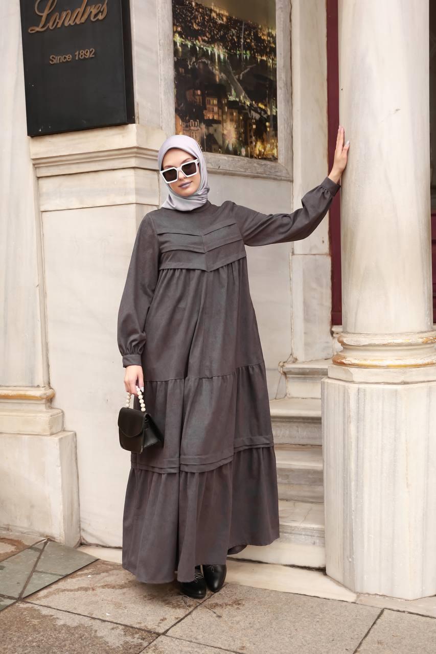 6002 kışlık Süet Elbise - Gri