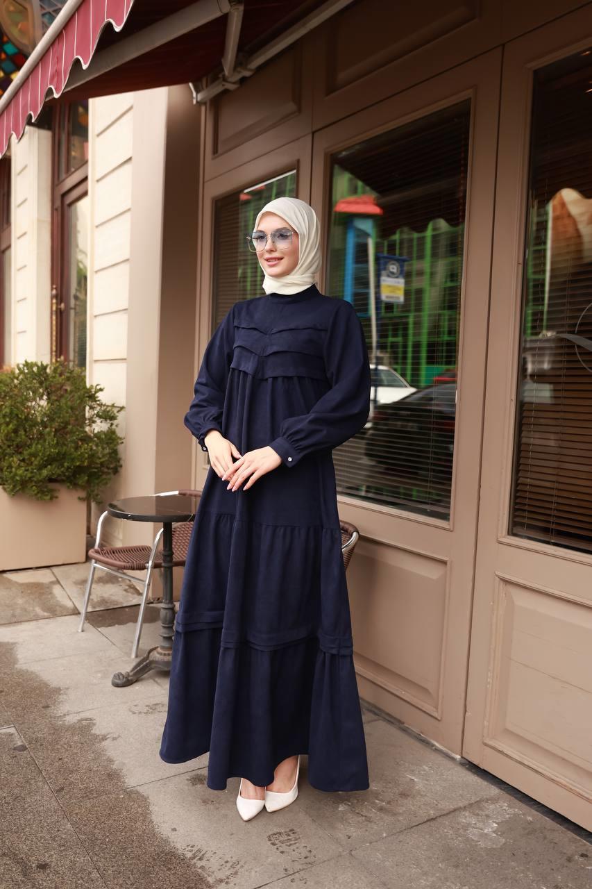 6002 kışlık Süet Elbise - Lacivert 