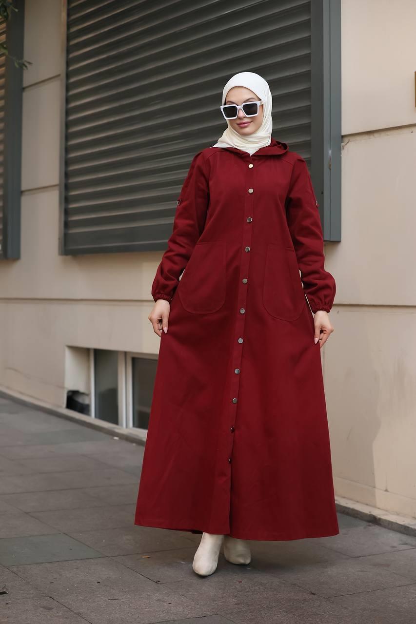 6005 Kapüşonlu Pardesü - Kırmızı 