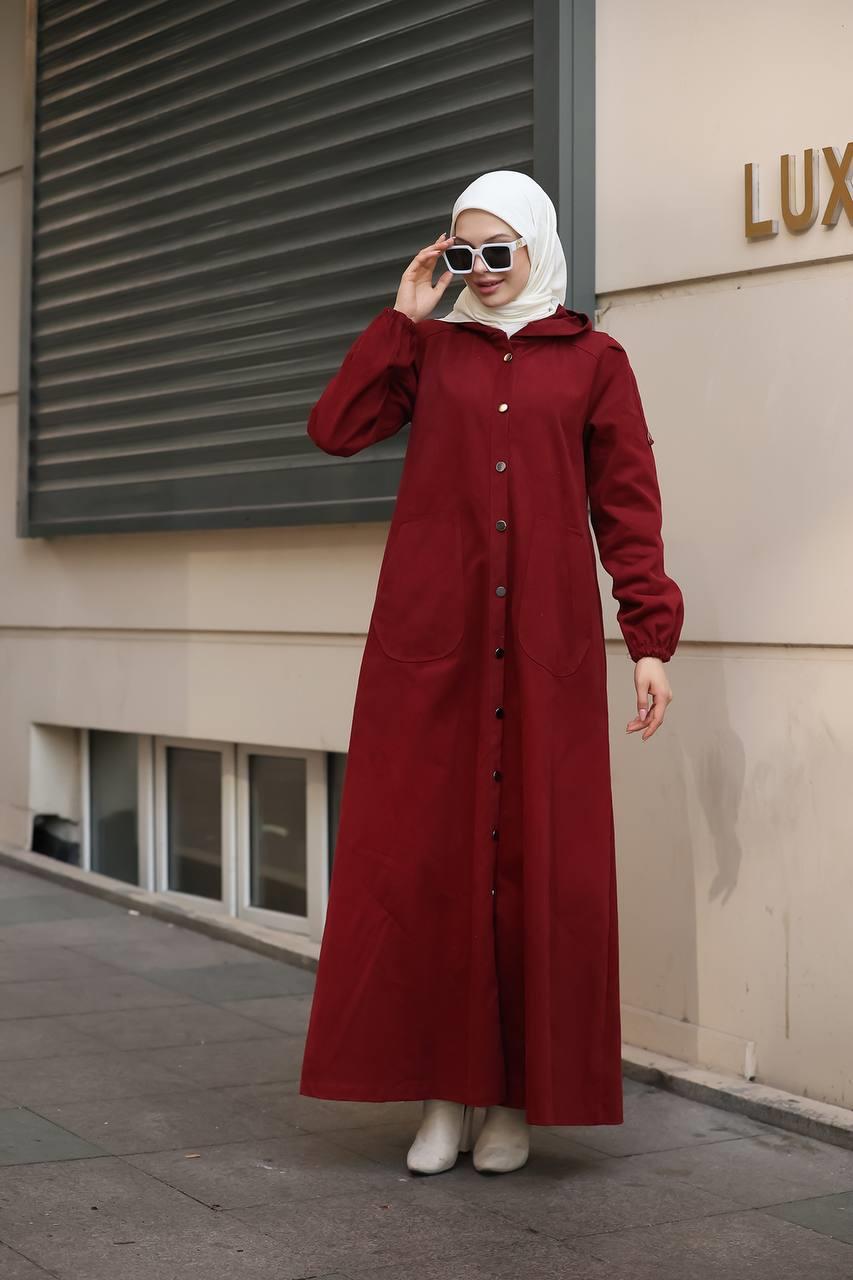 6005 Kapüşonlu Pardesü - Kırmızı 