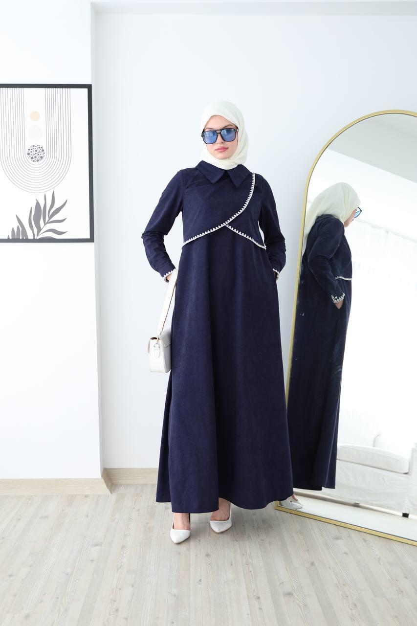 6012 Güpür Detaylı Elbise - Saks Mavisi 