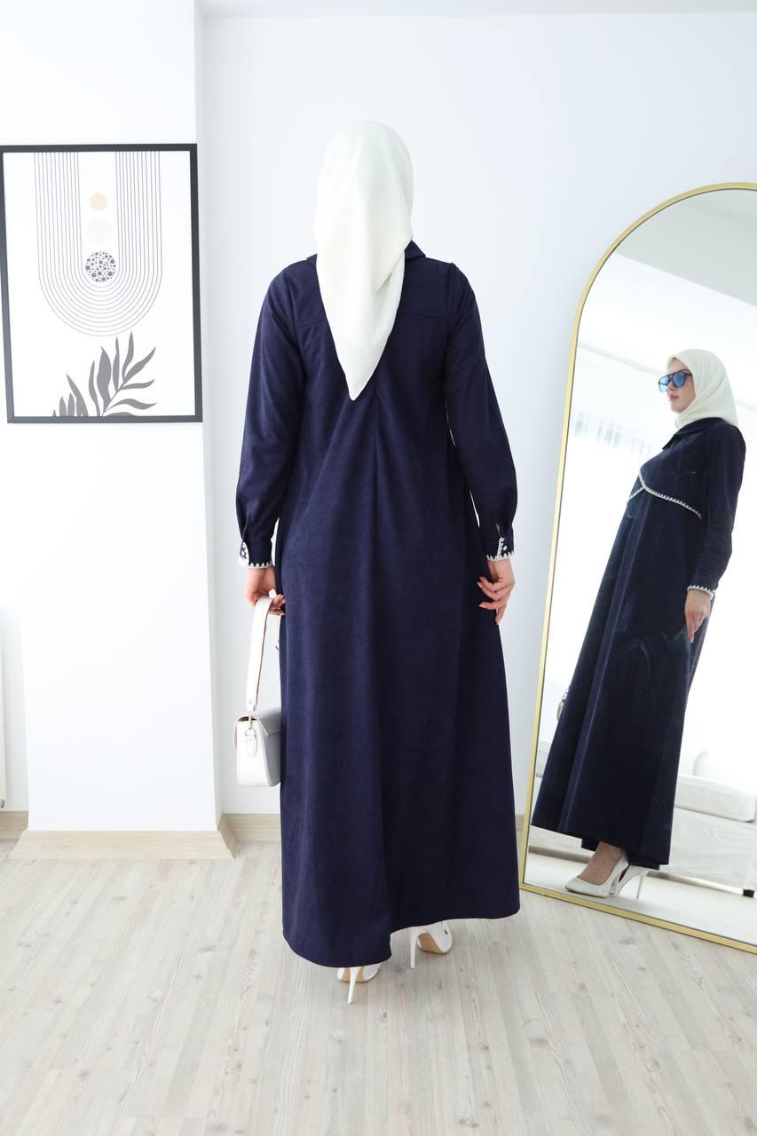 6012 Güpür Detaylı Elbise - Saks Mavisi 