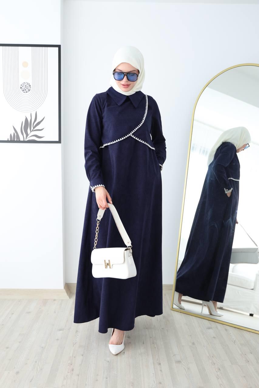 6012 Güpür Detaylı Elbise - Saks Mavisi 