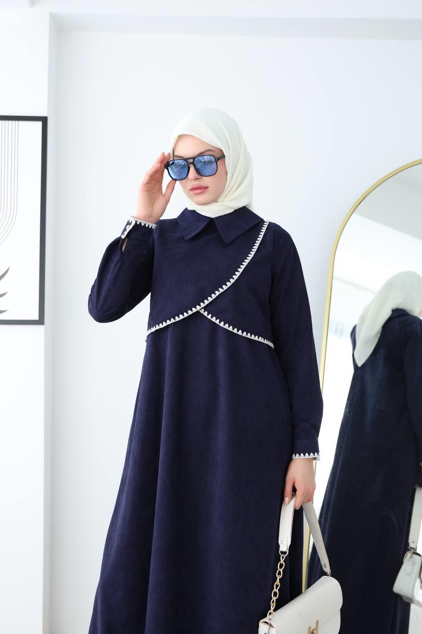 6012 Güpür Detaylı Elbise - Saks Mavisi 