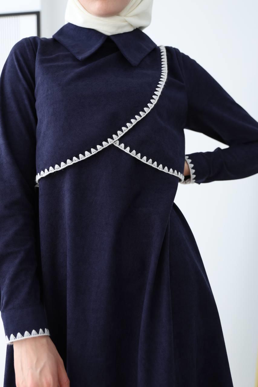6012 Güpür Detaylı Elbise - Saks Mavisi 