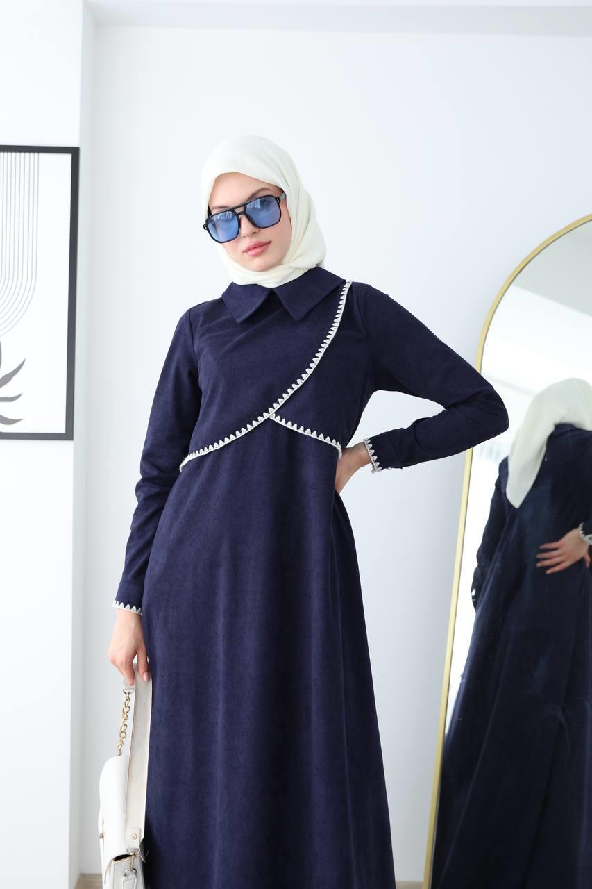 6012 Güpür Detaylı Elbise - Saks Mavisi 