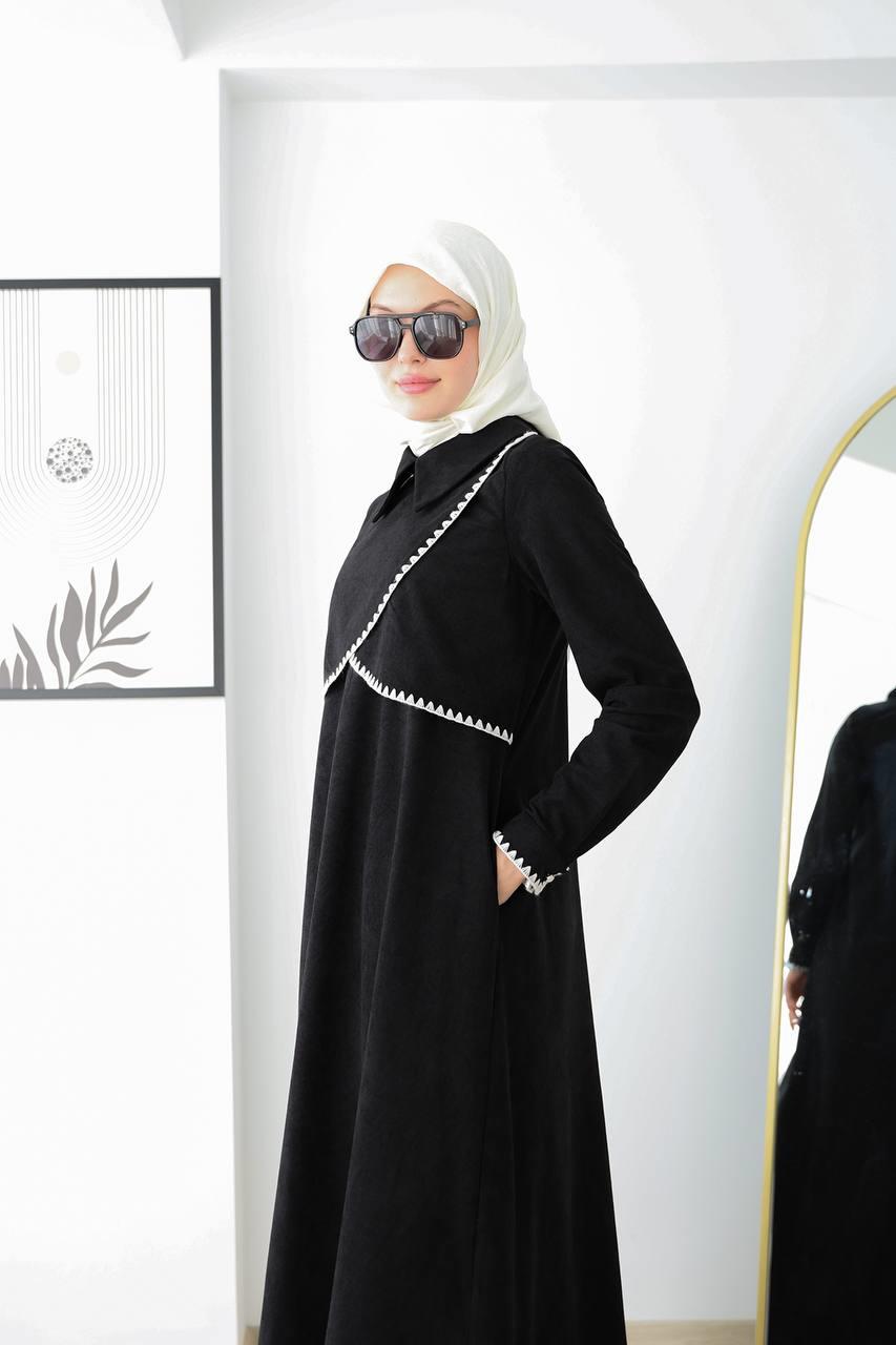 6012 Güpür Detaylı Elbise - Siyah 