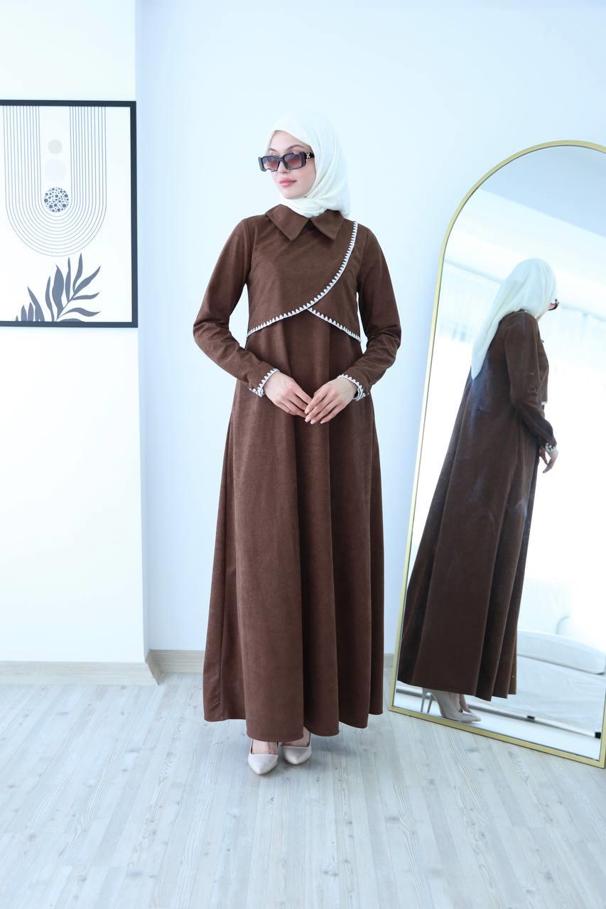6012 Güpür Detaylı Elbise - Taba