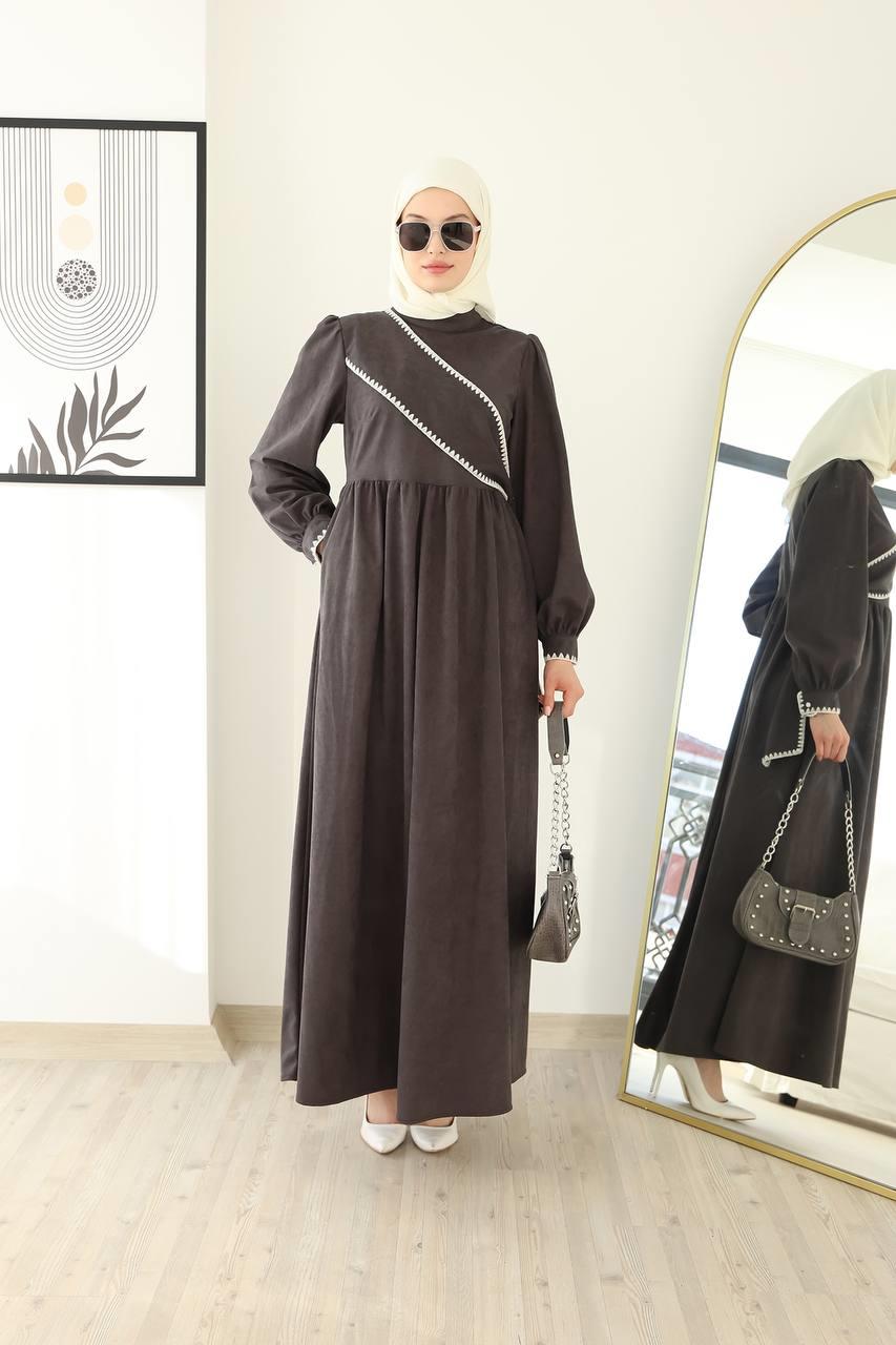 6014 Kuşak Detaylı Elbise - Gri
