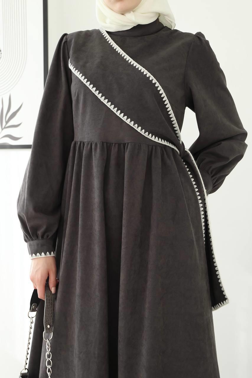 6014 Kuşak Detaylı Elbise - Gri