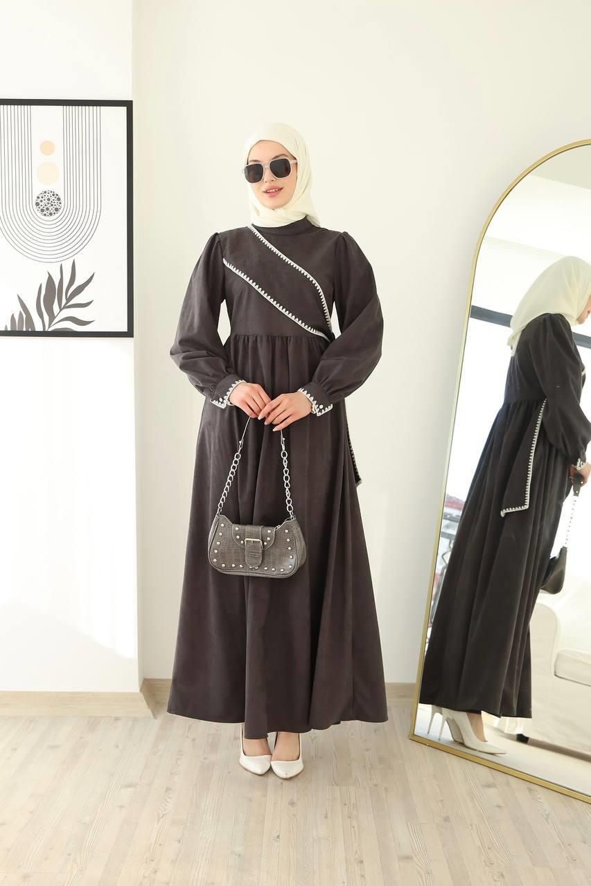 6014 Kuşak Detaylı Elbise - Gri