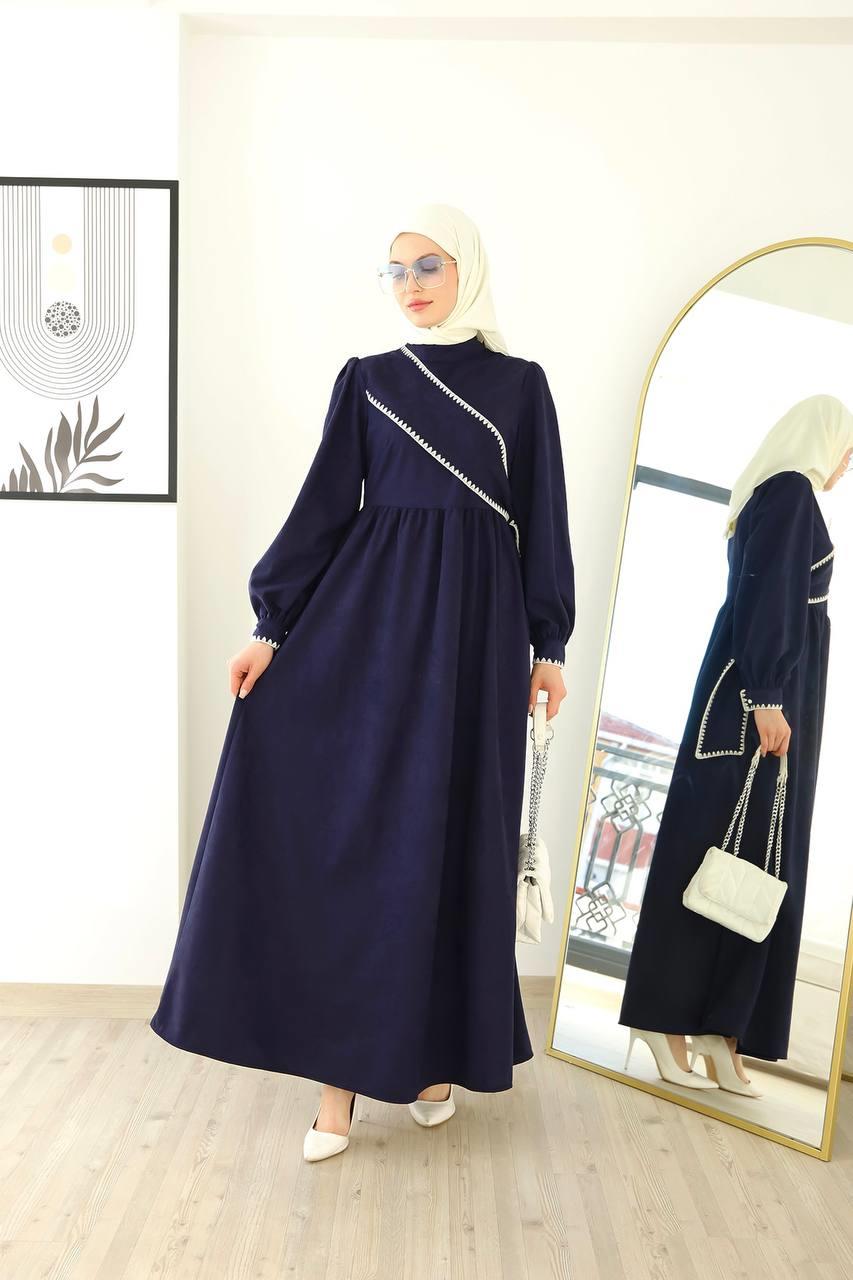6014 Kuşak Detaylı Elbise - Lacivert 