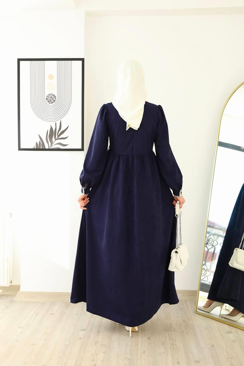 6014 Kuşak Detaylı Elbise - Lacivert 
