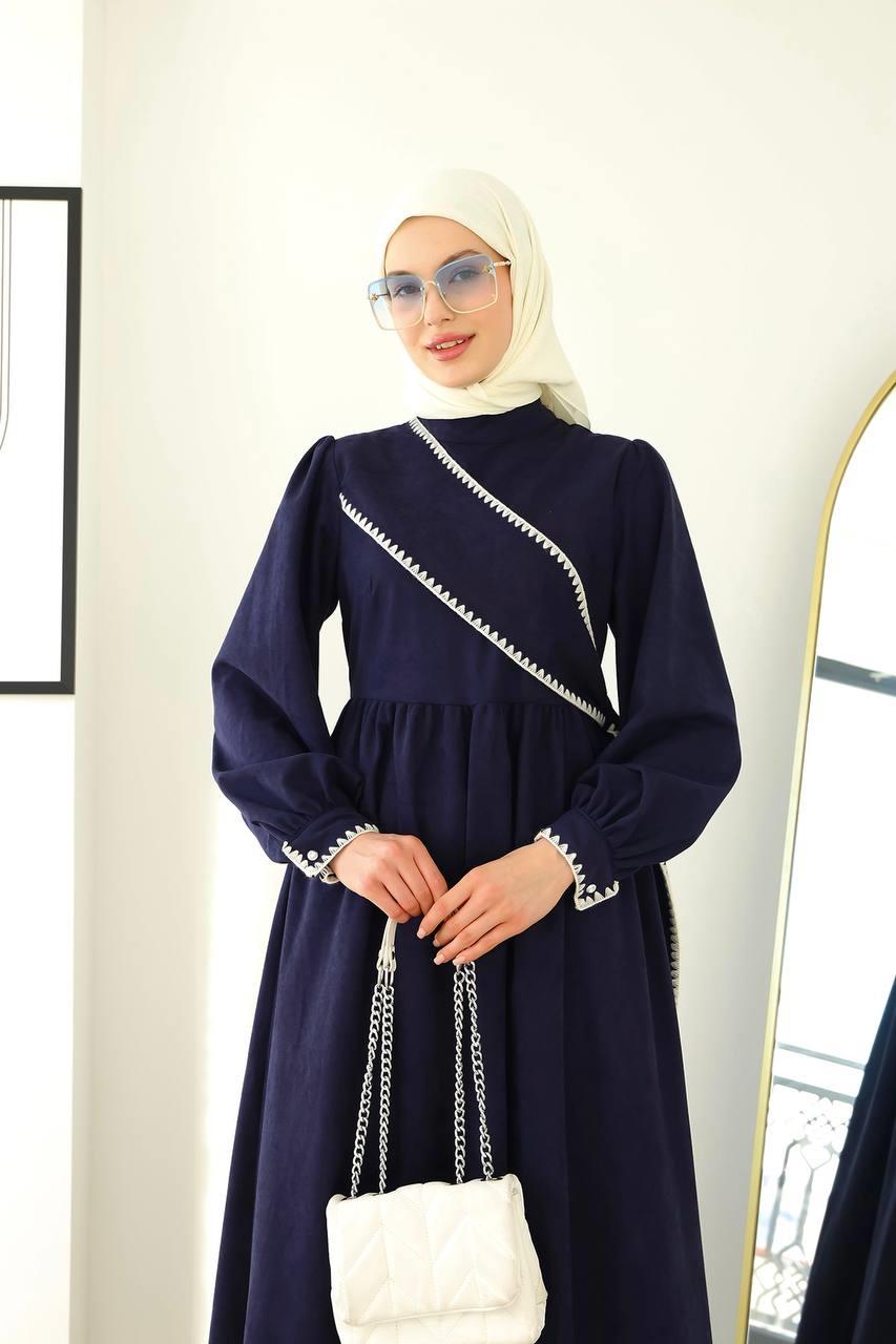 6014 Kuşak Detaylı Elbise - Lacivert 