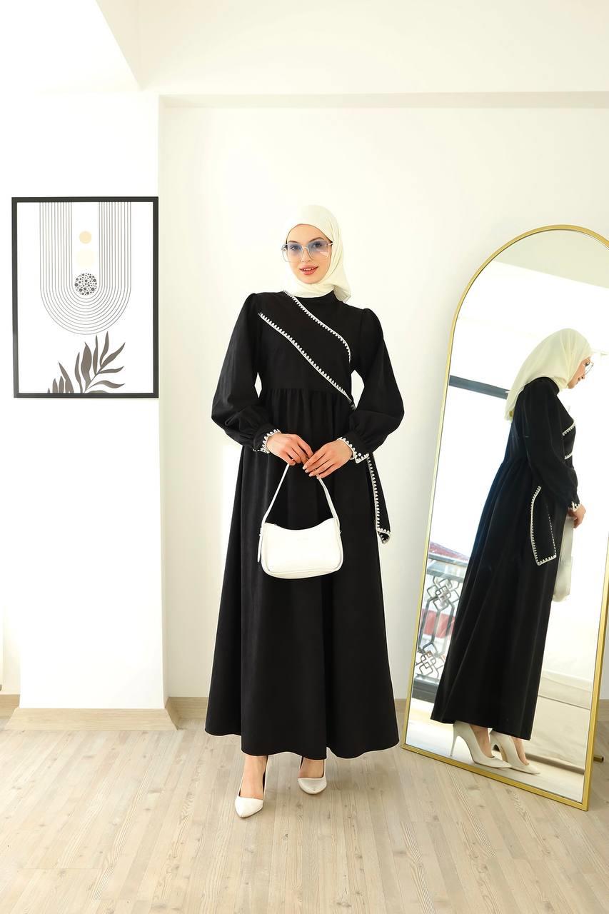 6014 Kuşak Detaylı Elbise - Siyah 