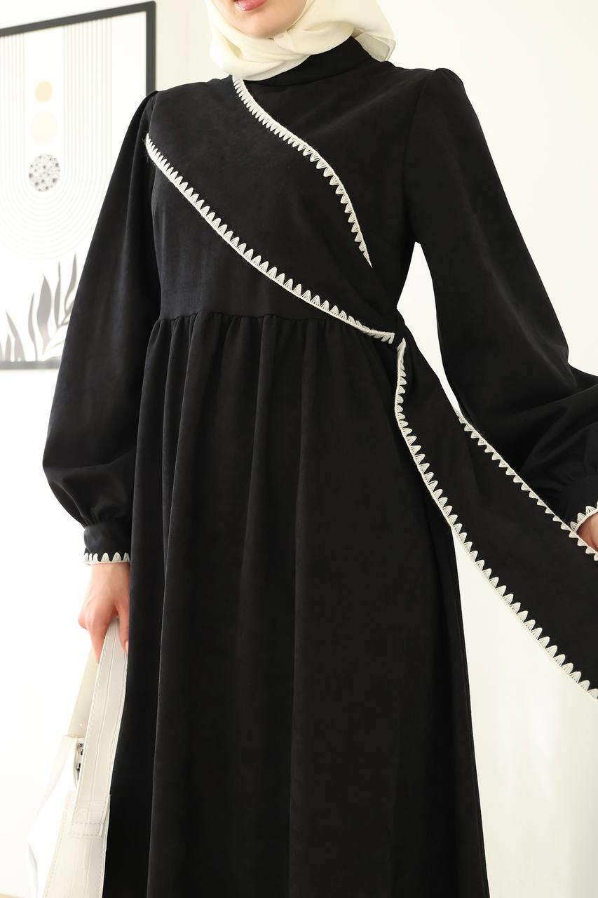 6014 Kuşak Detaylı Elbise - Siyah 