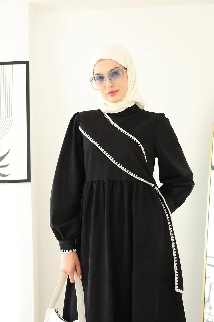 6014 Kuşak Detaylı Elbise - Siyah 