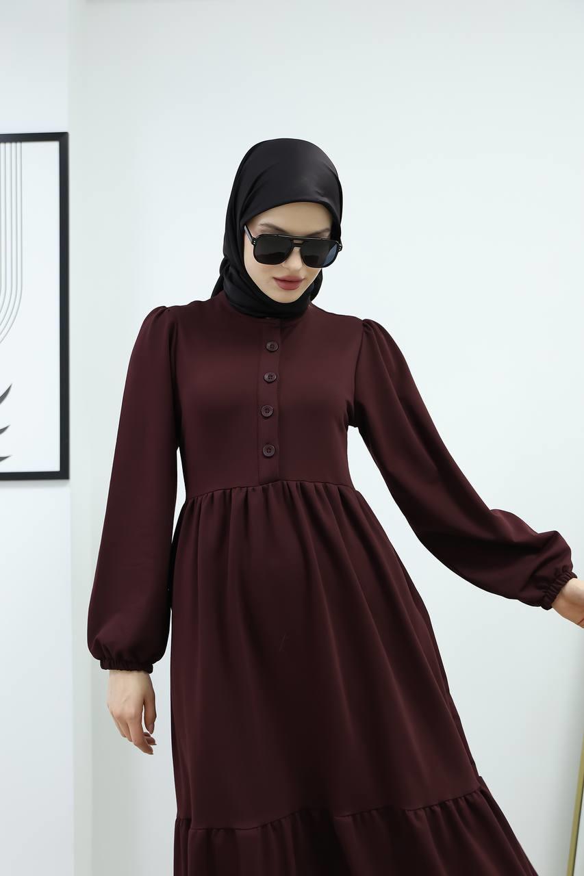 6019 Düğmeli Detaylı Elbise - Bordo