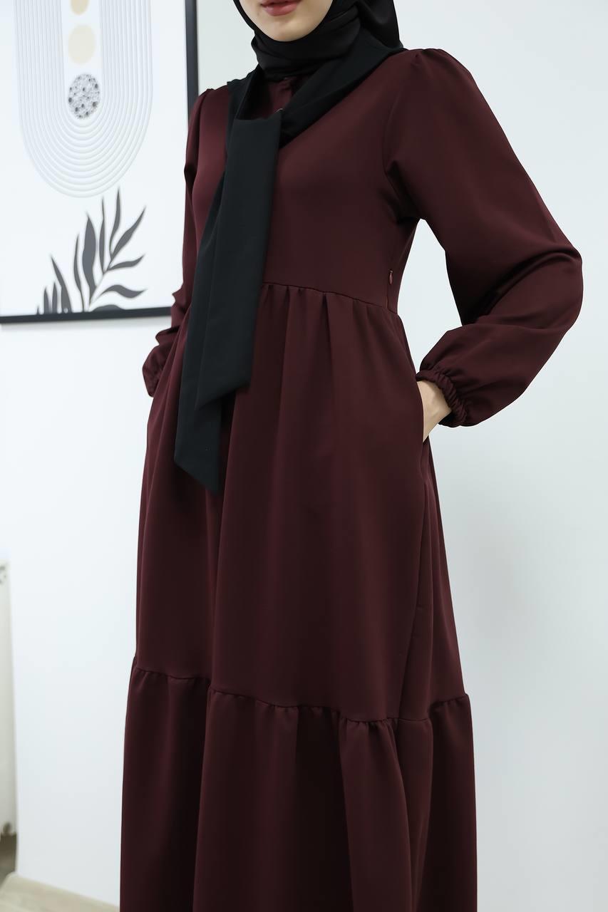 6019 Düğmeli Detaylı Elbise - Bordo