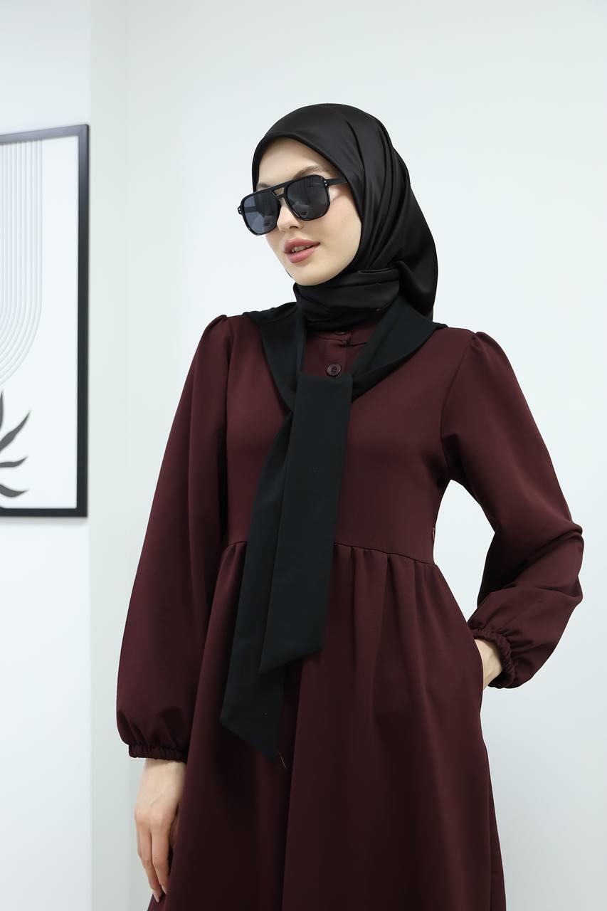 6019 Düğmeli Detaylı Elbise - Bordo