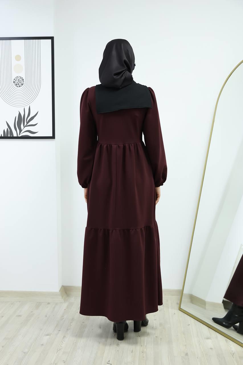 6019 Düğmeli Detaylı Elbise - Bordo