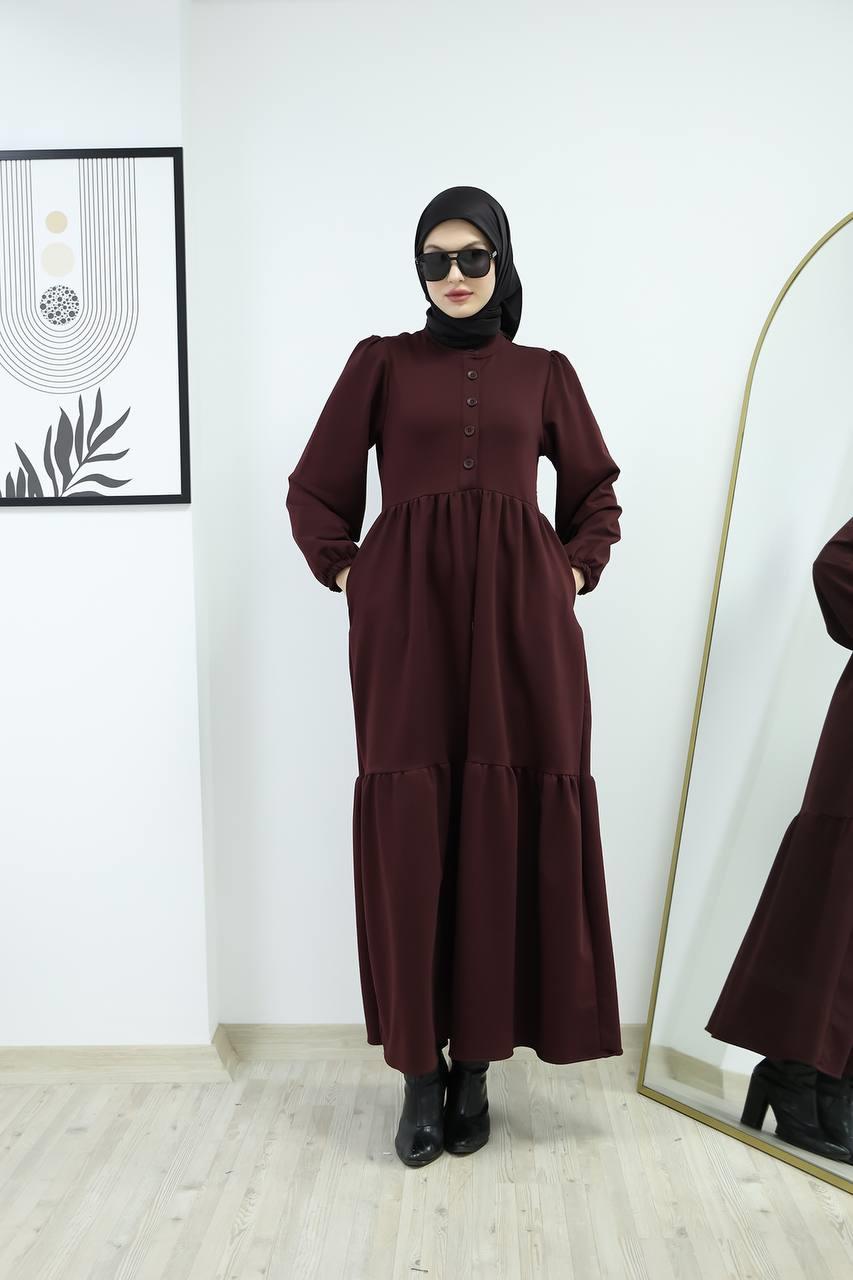 6019 Düğmeli Detaylı Elbise - Bordo