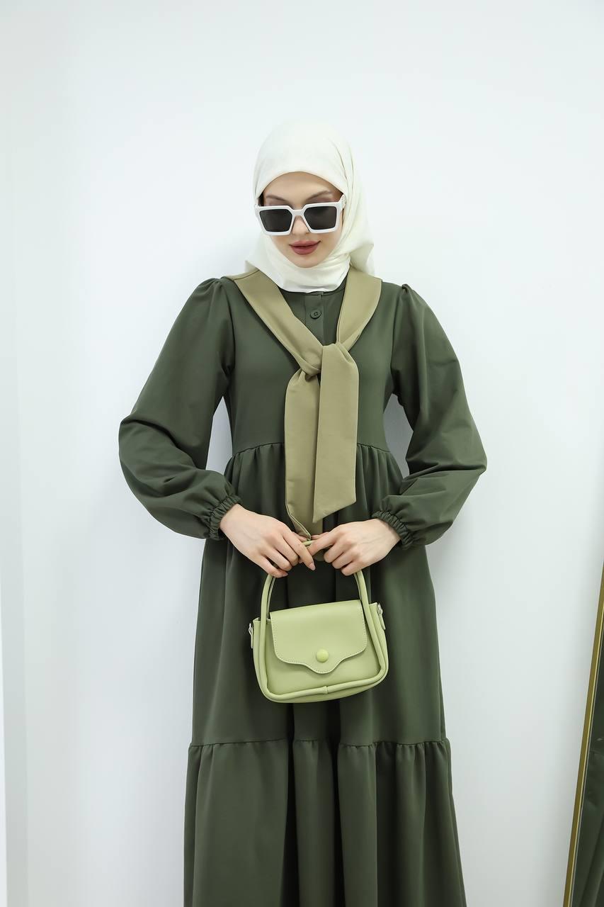 6019 Düğmeli Detaylı Elbise - Haki