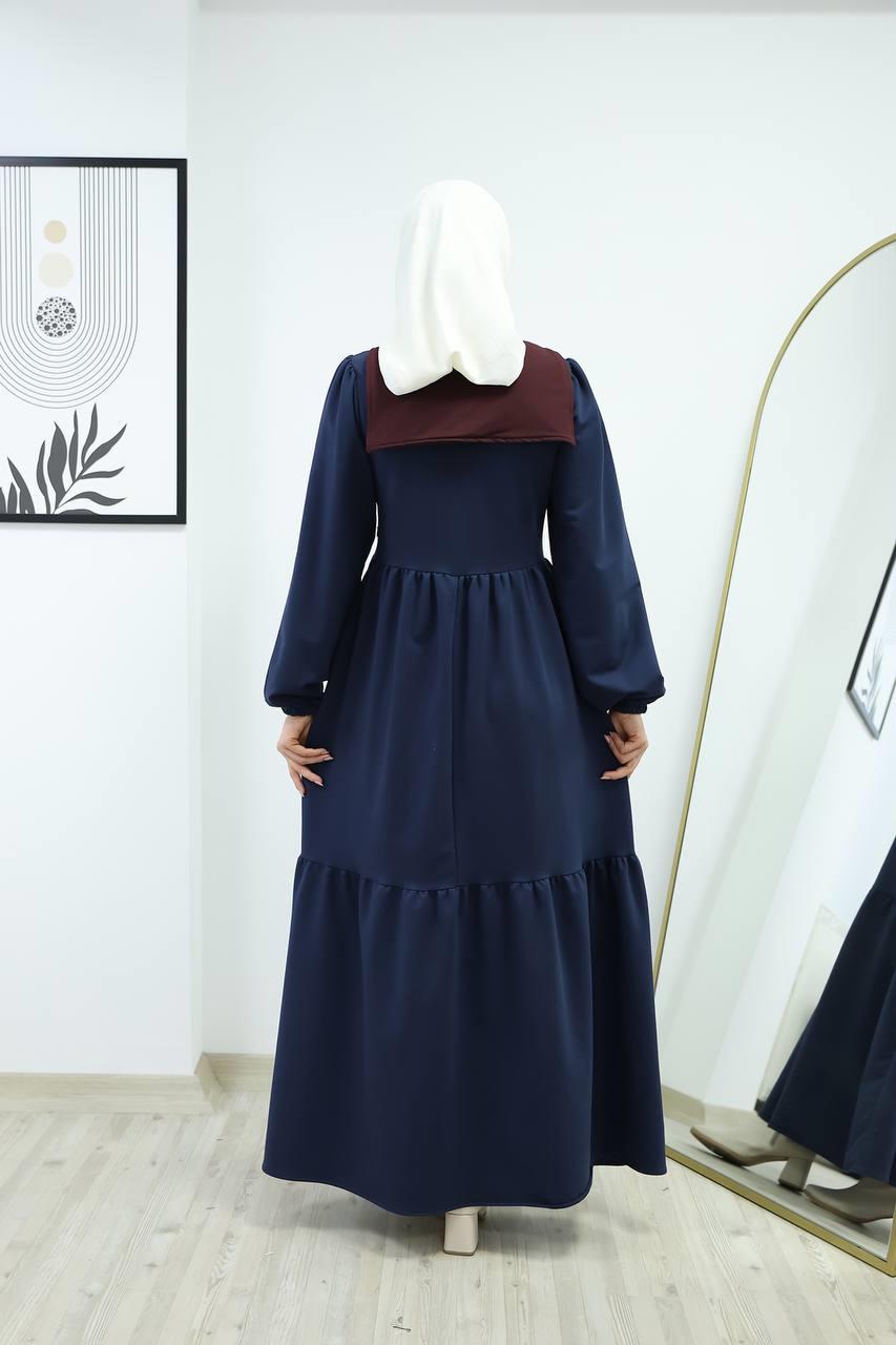 6019 Düğmeli Detaylı Elbise - Lacivert 