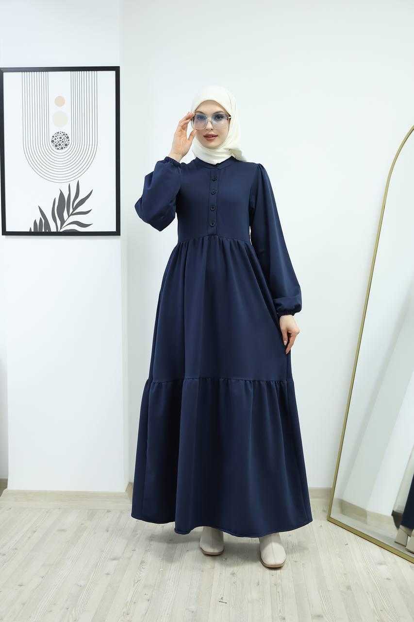 6019 Düğmeli Detaylı Elbise - Lacivert 