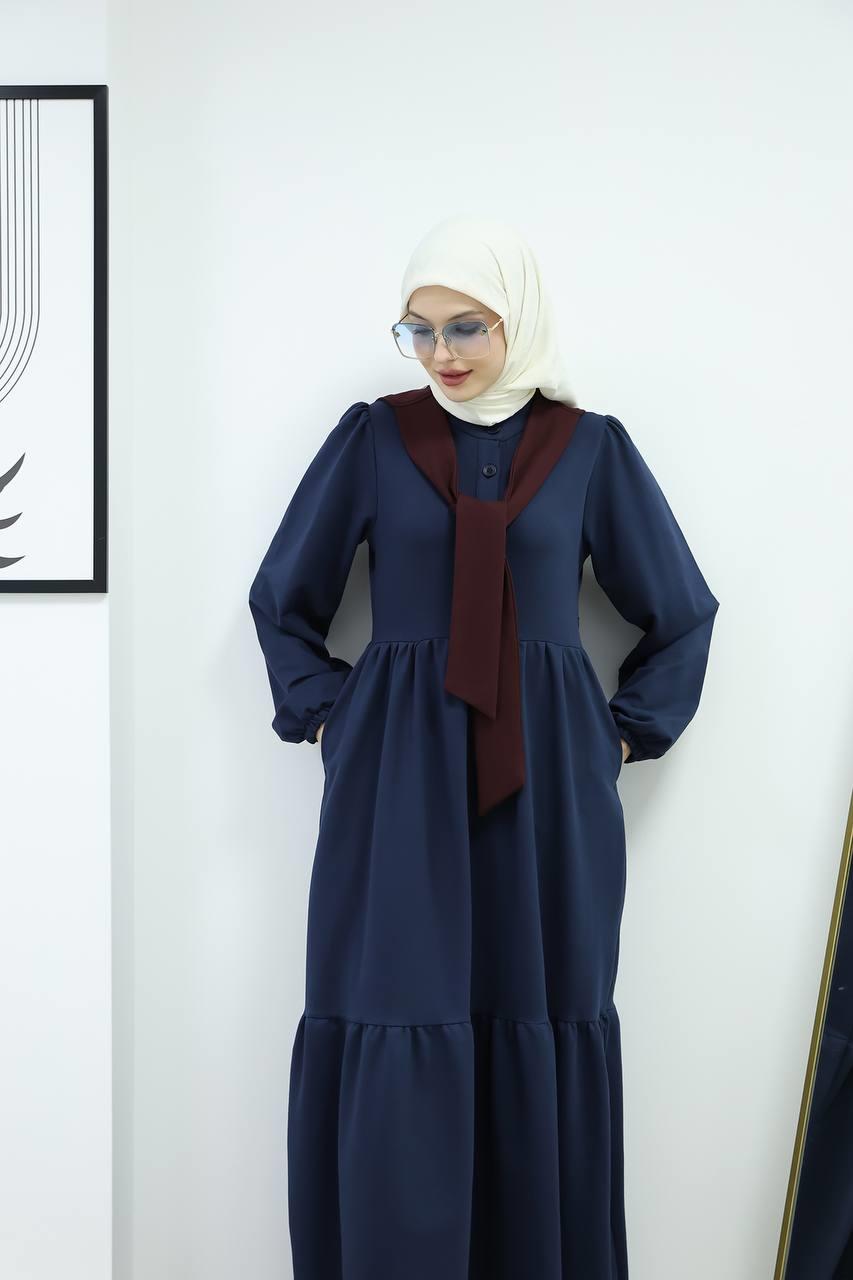 6019 Düğmeli Detaylı Elbise - Lacivert 
