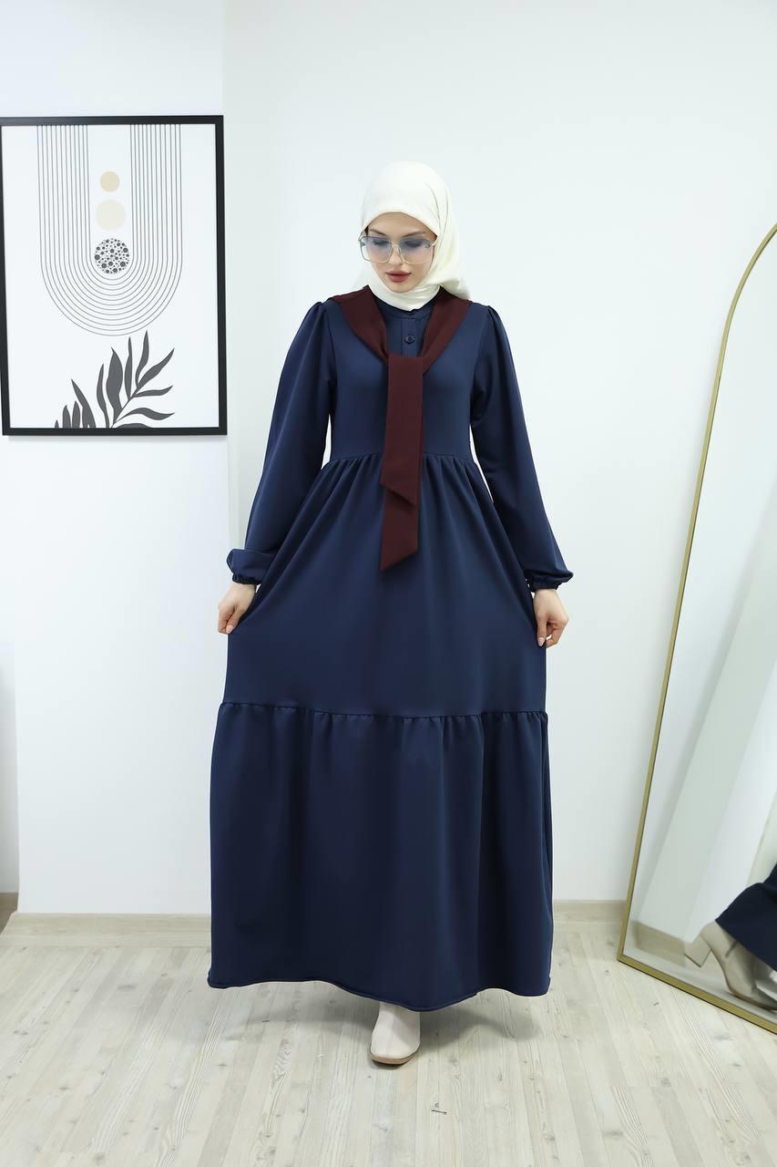 6019 Düğmeli Detaylı Elbise - Lacivert 