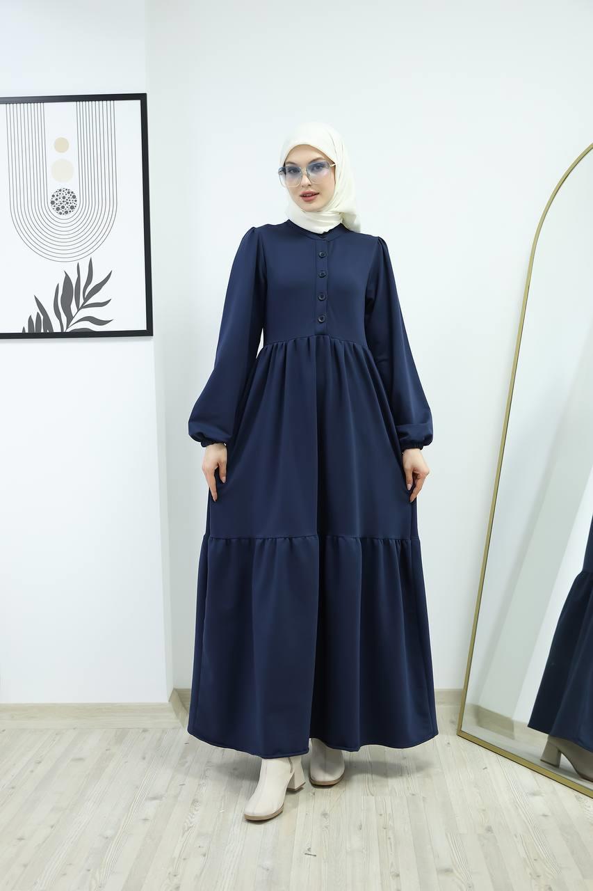 6019 Düğmeli Detaylı Elbise - Lacivert 