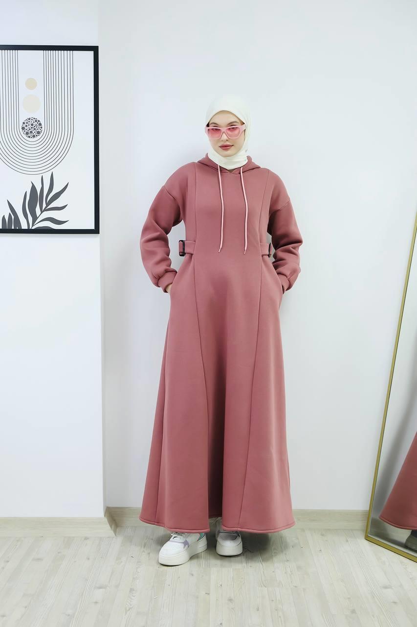 6021 Üç İplik Kapüşonlu Elbise - Pembe 