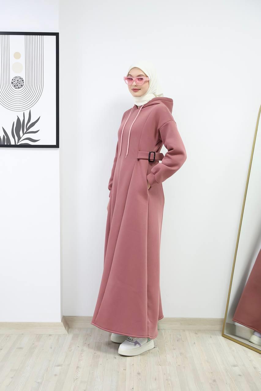 6021 Üç İplik Kapüşonlu Elbise - Pembe 