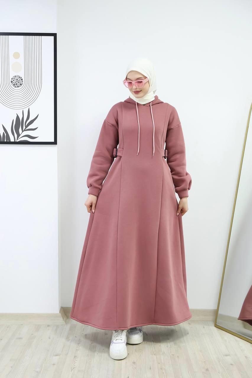 6021 Üç İplik Kapüşonlu Elbise - Pembe 